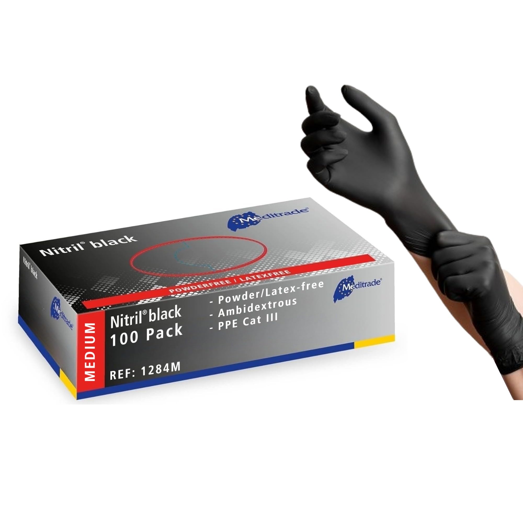 Meditrade Nitril® Black Nitrile Examination Gloves - Powder-Free, Latex-Free, Multi Use Protective Exam Gloves - Size Medium - Black - 100pcs