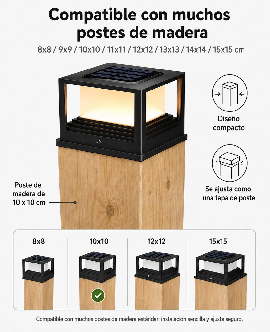 Farola Solar Exterior, 2 Piezas Luces Exterior Sobremuro, Luz Solar para Postes de Valla 8x8 9x9 10x10cm, IP65 Impermeable, 2 Modos, para Jardín Valla Terraza Postes de Madera
