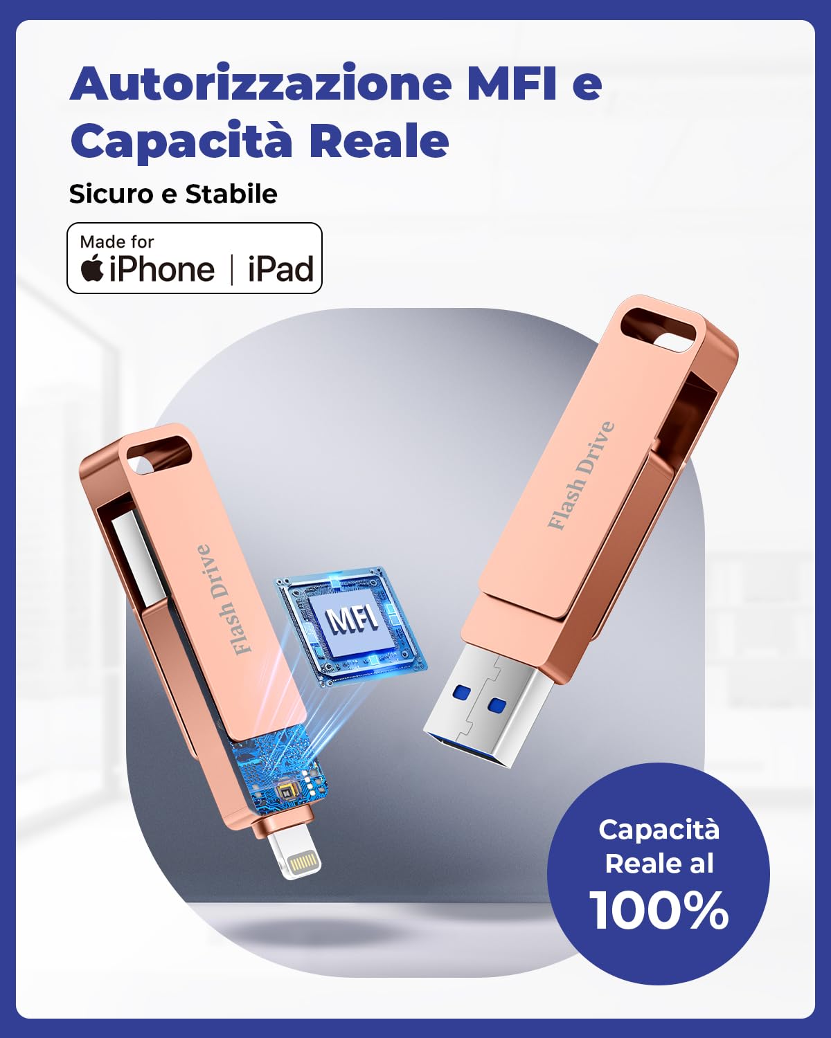 MFi Chiavetta USB 256GB per iPhone, Chiavetta USB C Lightning,Rosa | 3 in 1 Memoria Esterna per iPhone,iPad,Android OTG Smartphone,Mac,PC, USB 3.0 Penna,Pendrive Backup Foto,Video,Capacità Reale
