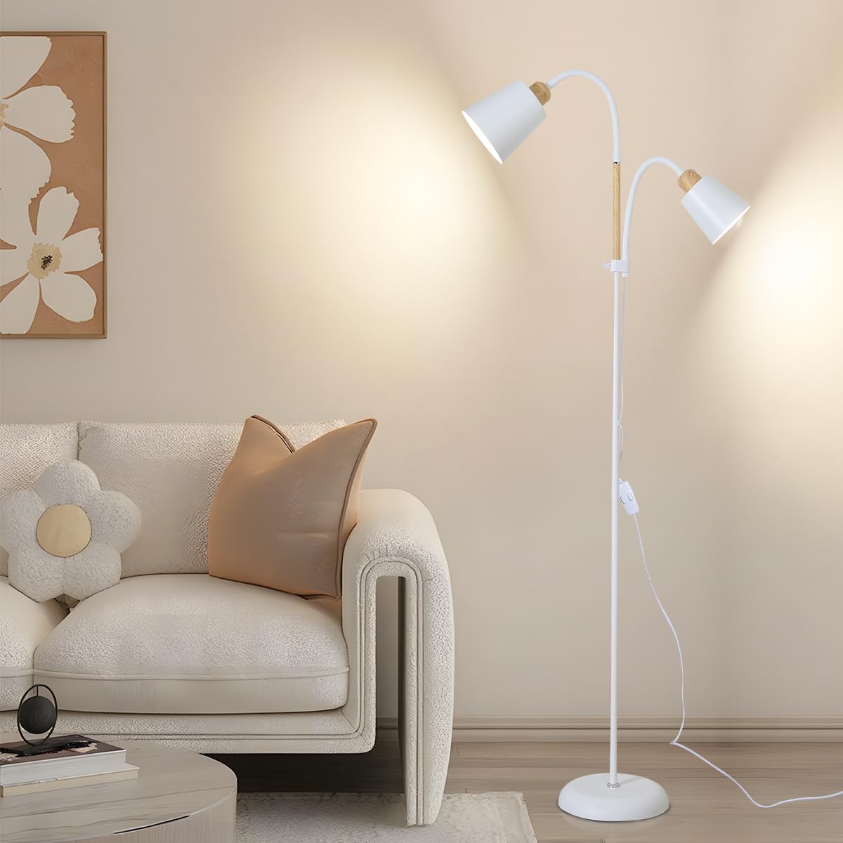 ANTENLICHT YOYO Stehlampe mit leselampe | E27 Fassung max. 60W | 360° schwenkbare Stehleuchte mit 2 Lampenköpfen | Vintage Modern Metall Stehlampe für Wohnzimmer | Höhe 159cm ohne Birne (Weiß)