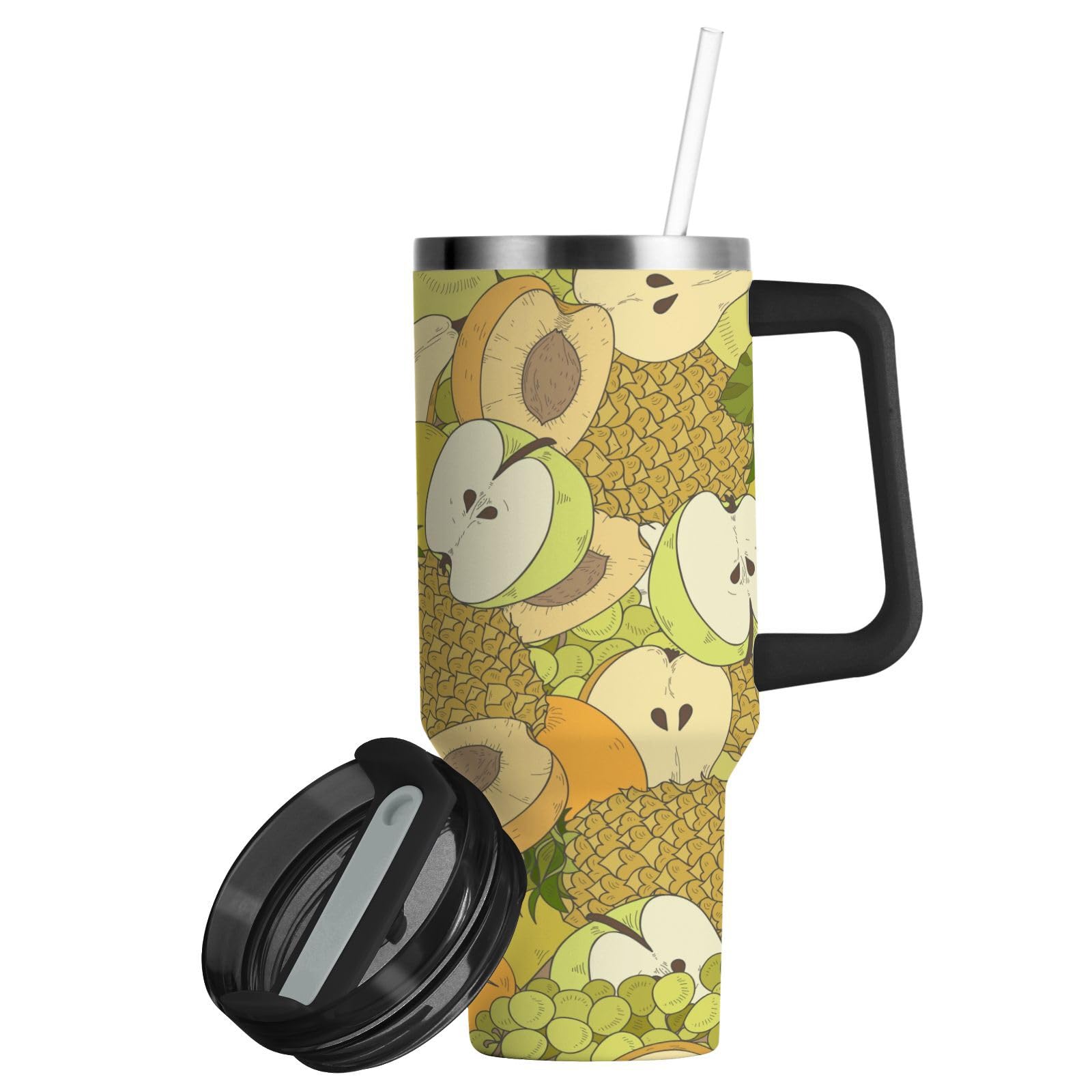 Isolierter Becher Sommerfrucht doppelwandig Edelstahl Wasserflasche Kaffeetasse Reisebecher mit Griff Strohhalmdeckel
