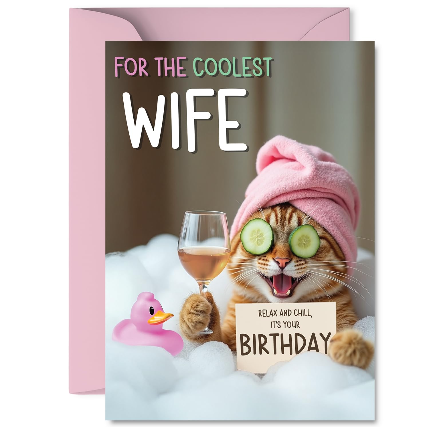 Wife Birthday Card - Relaxing Bath Cat - Happy Birthday Card for Wife from Husband Partner, A5 Joke Humour Bday Greeting Cards