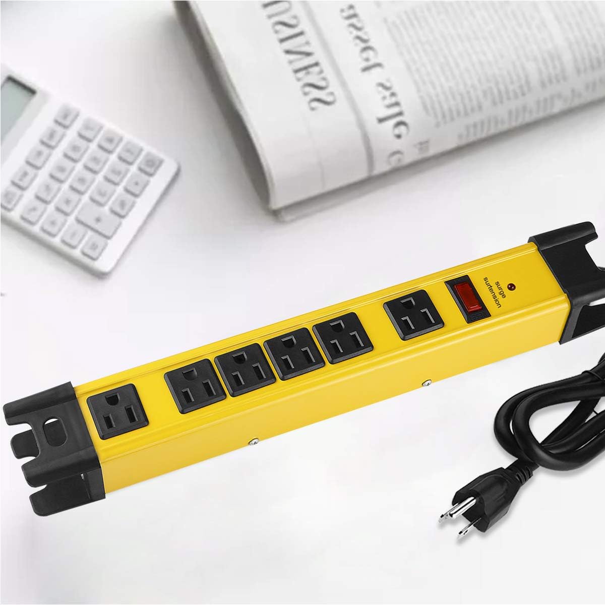CCCEI Heavy Duty Power Strip Surge Protector with 15A, 6 Plug Industrial Shop Workshop Garden Metal Multiple Outlets, 10FT Extension Cord 1200 Joules ETL Listed, Yellow