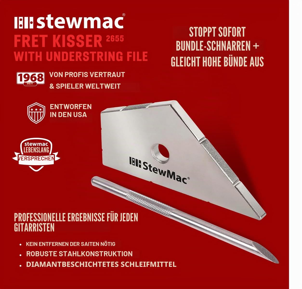 StewMac Bundabricht-Set mit Fret Kisser und Understring-Bundabrichtfeile | Arbeitet bei aufgezogenen Saiten unter realer Spannung; kombiniert gezielten Materialabtrag und Politur in einem Ablauf.