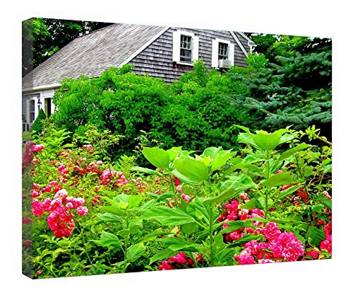 Tableau fleurs et maison sur toile avec cadre bois pour mur vide 40x50