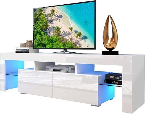 Moderno soporte de TV LED blanco con luz de 16 colores, centro de entretenimiento de alto brillo para televisores de 70 pulgadas, gabinete de