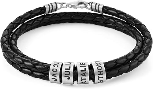 Handmade Personalized Navigator Men's Genuine Leather Bracelet with Small Custom Beads in Sterling Silver - Custom Man Birthday Anniversary Jewelry