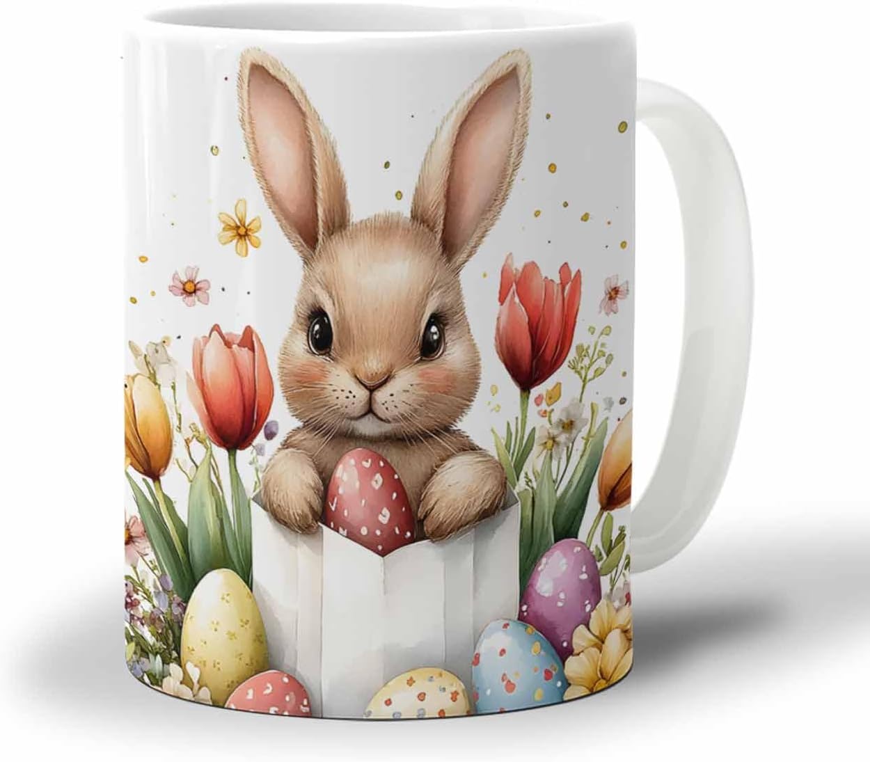 BEMIGO Ceramic Coffee Mug Spring Cute Bunny Ceramic Mug White Cup, Easter Egg Insulated Coffee Cup with Handle with Pattern Perfect for Tea and Hot Beverages, 12oz