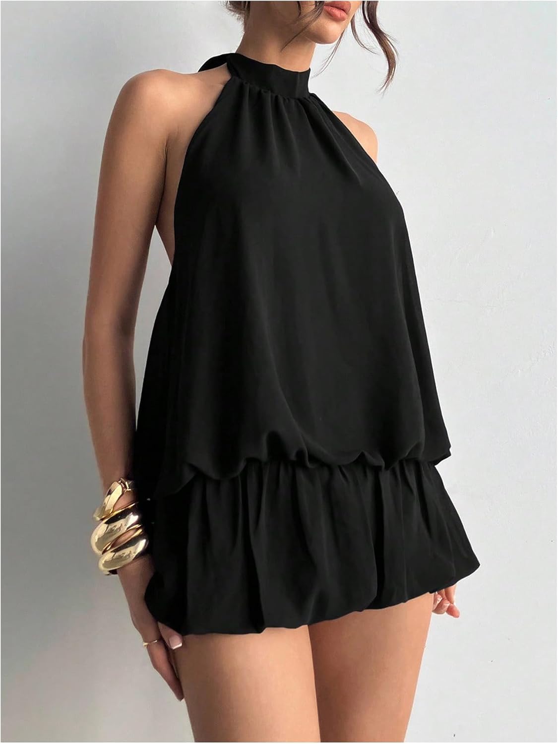 Floerns Women's Y2k Summer Halter Dress Tie Open Back Sleeveless Ruffle Hem Bubble Going Out Mini Dresses - Image 3