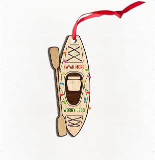 3D Wooden Kayak Ornaments for Christmas Tree Decor, Kayak More Worry Less Xmas Ornament Decoration with Lights, Lake Kayaking, Kayak Paddle Keepsake Gifts for Adventurer Kayakers, Water Sports Lovers