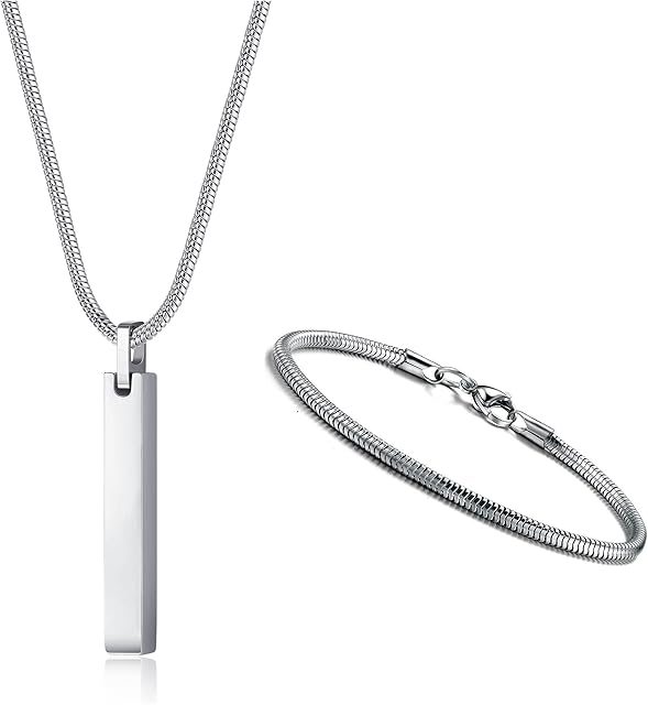 YADOCA Men's Bar Pendant Necklace Stainless Steel Necklace and Bracelets for Men Women 3mm Snake Chain Necklace and Snake Chain Bracelet Set Length 55cm Silver/Black