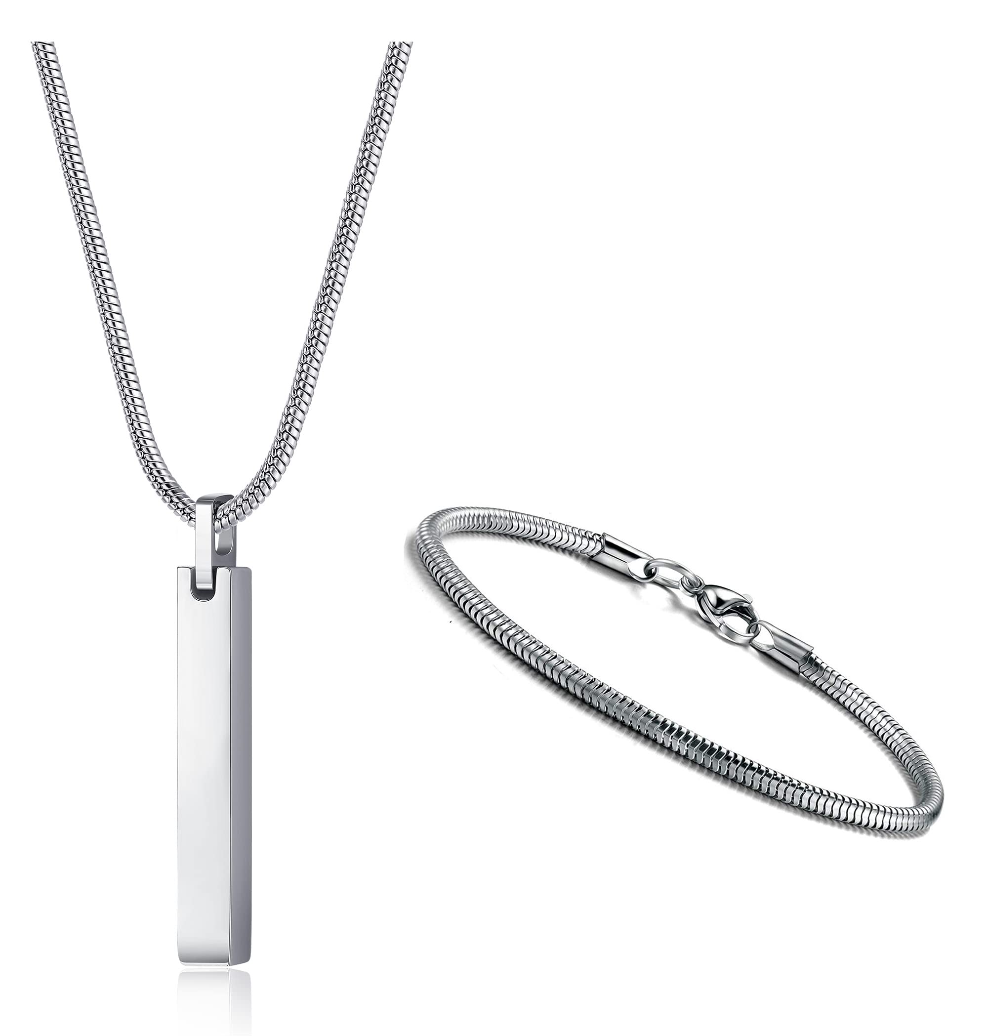 YADOCA 2PCS Collar Barra Pulseras para Hombres Mujeres Acero Inoxidable Collar de Cadena de Serpiente de 3 mm y Pulsera de Cadena de Serpiente Longitud 55cm Plata/Negro