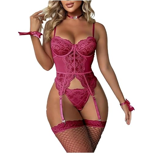 WDIRARA Women's Sexy Lingerie Set Floral Lace Garter Bustier Lingerie Set with 1Pair Fishnet Stocking