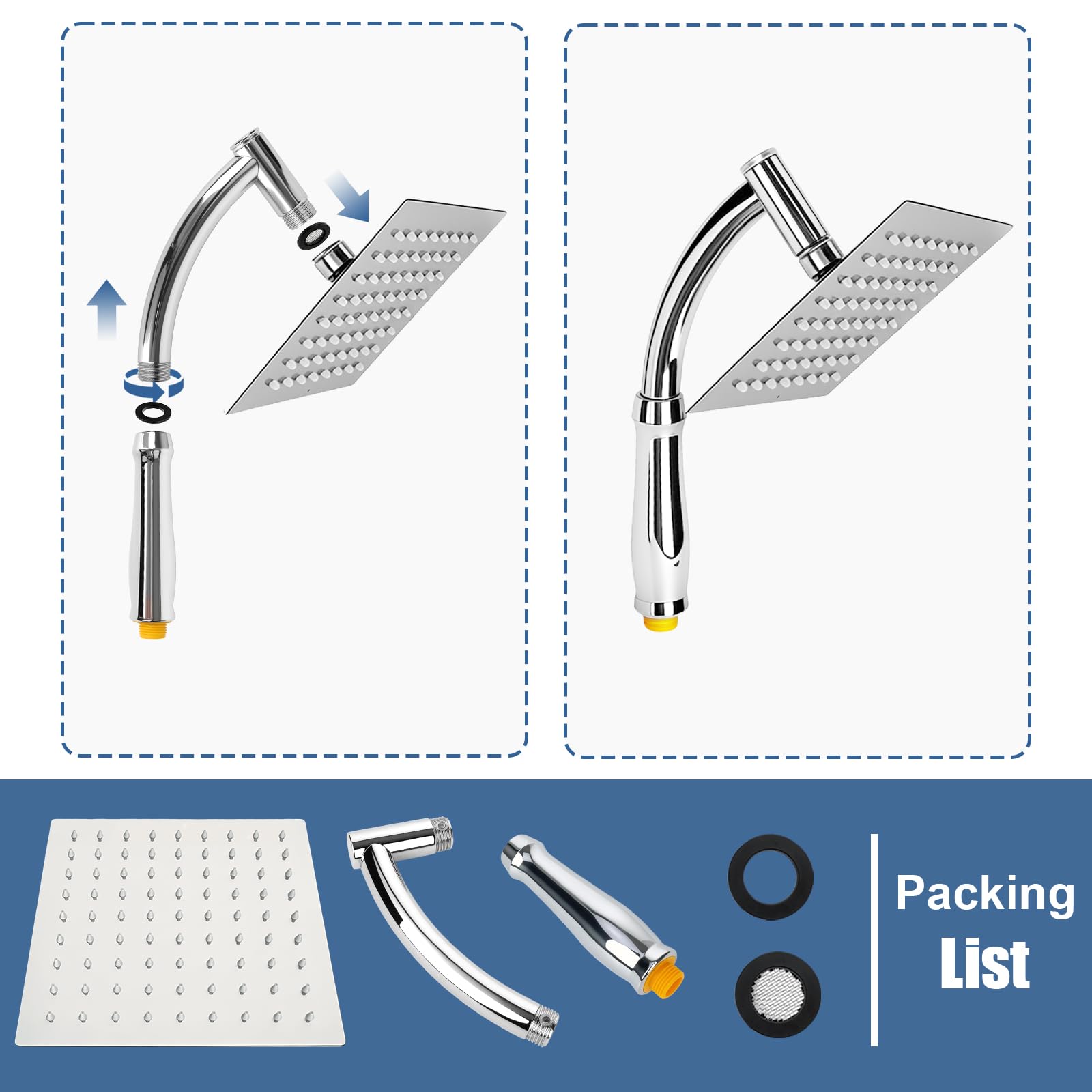 Kwadratowa słuchawka prysznicowa 20 cm, wodospad ze zdejmowanym ramieniem, wysokociśnieniowe głowice prysznicowe ze stali nierdzewnej z samoczyszczącymi dyszami, chromowana