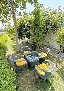 ARTIC FASHION Patio Chair Sets Garden Wicker Furniture Set for Outdoor Patio and Balcony || Powder Coated Frame| UV Protected Wicker with Cushionss [4 Chairs, 1 Table]