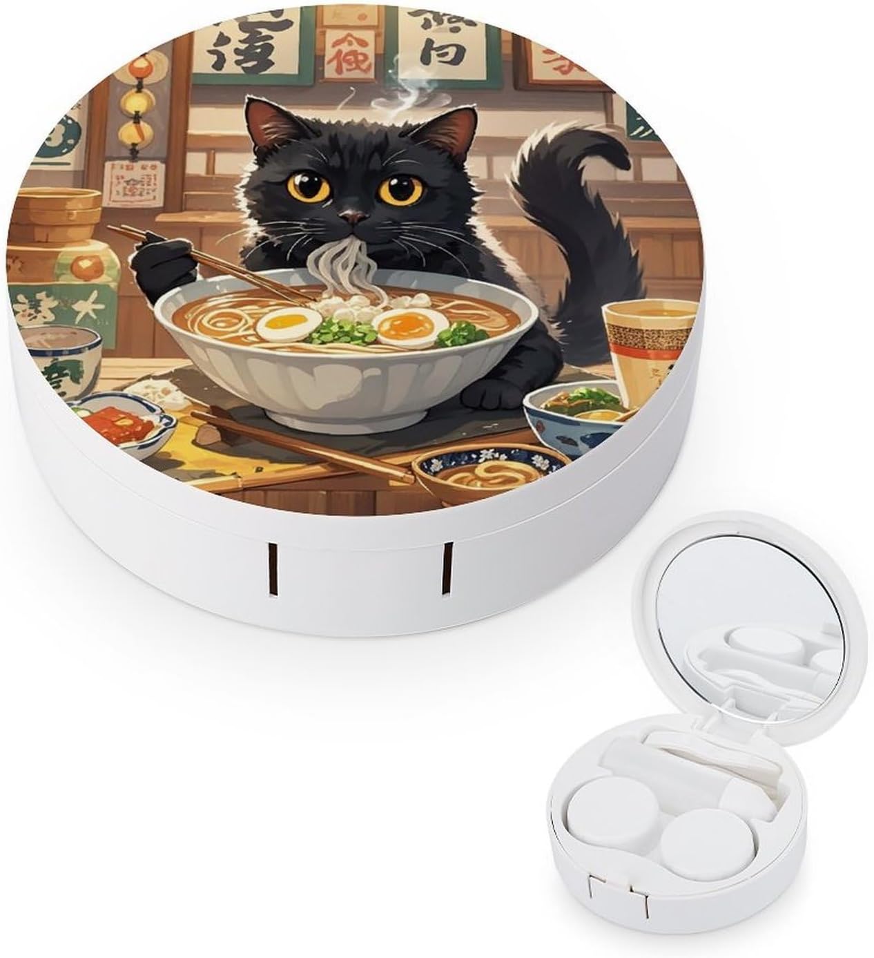 Interesting Black Cat Contact Lens Case with Cleaner Washer Cute Contact Lens Soak Storage Holder Container with Mirror Mini Portable Contact Lens Box Set for Travel Outdoor Use