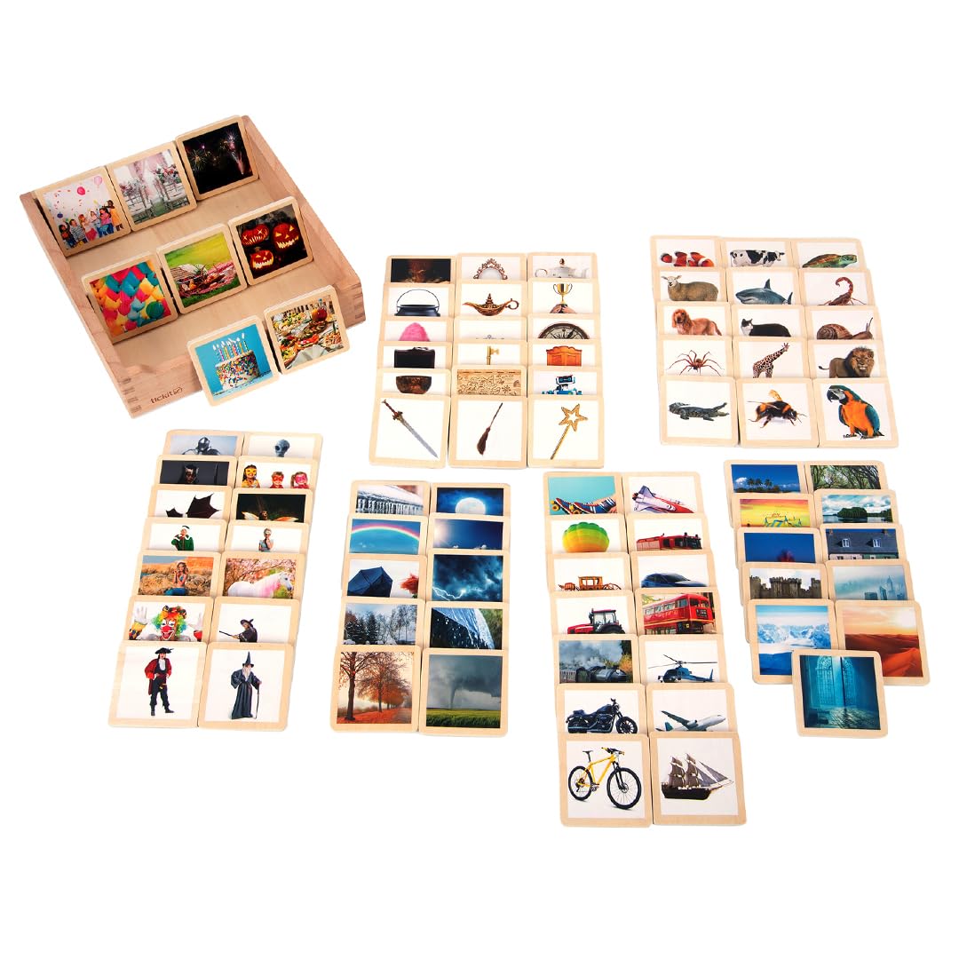 tickit Wooden Storytelling Tiles – Set of 90 Durable FSC Basswood Tiles Featuring Colour Photos of Animals, People, Places, Transport, Weather & More for Creative Story & Language Play