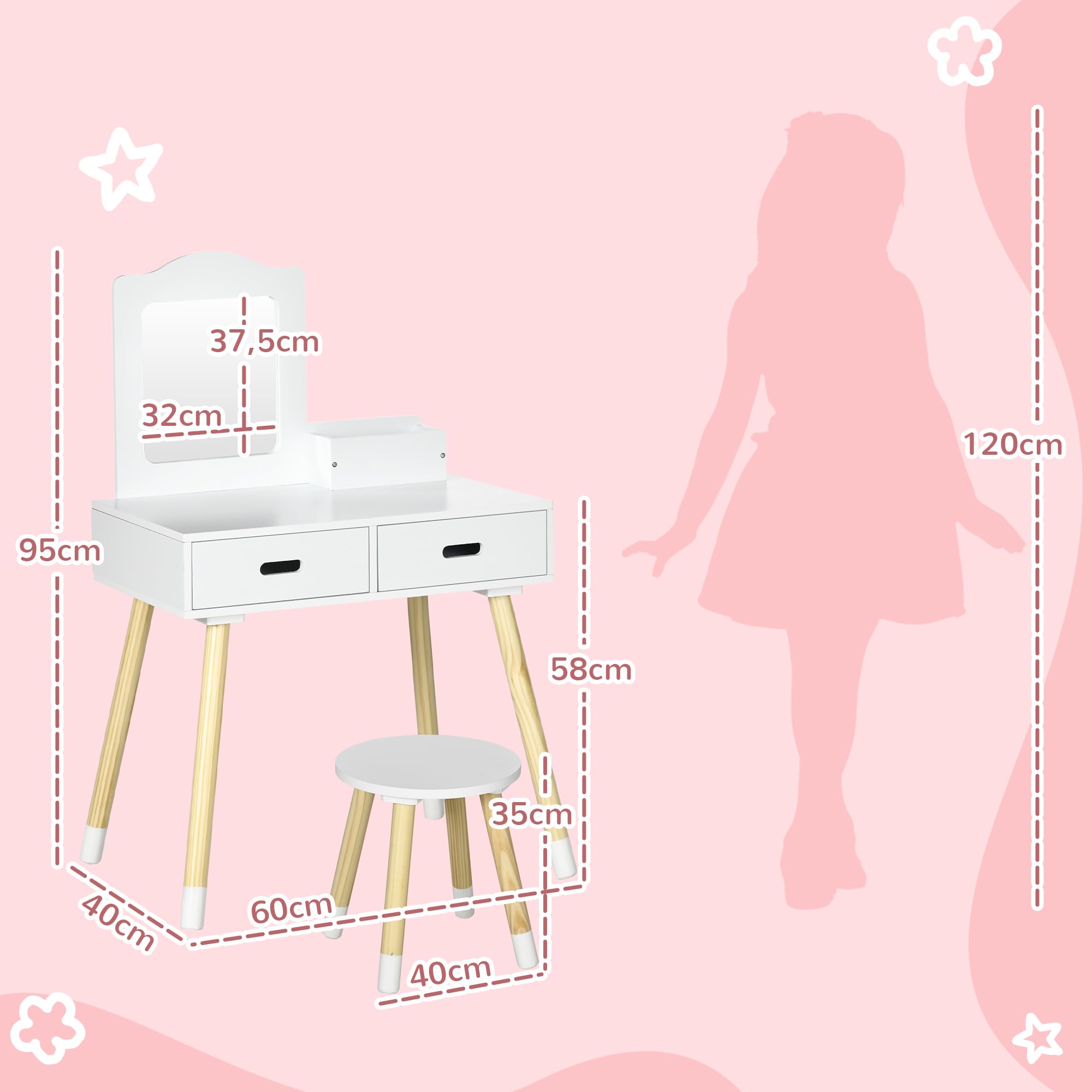 ZONEKIZ Tocador para Niñas Tocador de Madera Infantil con Taburete y Espejo Centro de Belleza con 2 Cajones Juguete Educativo para Niñas de 3-6 Años 60x40x95 cm Blanco