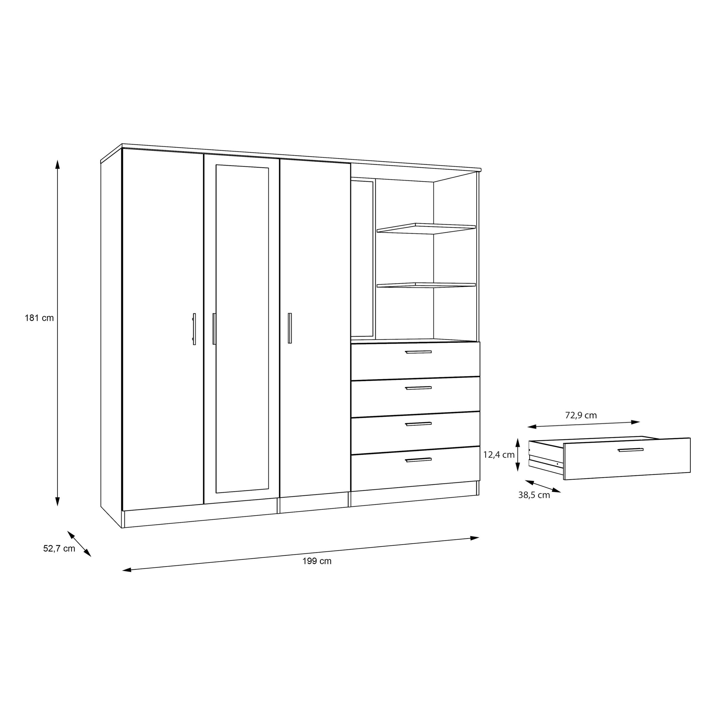 Forte Panama Kleiderschrank 200, modern-minimalistischer Kleiderschrank mit Regalkommode, 3-türig, 4 Schubladen, 2 Spiegel, Holzwerkstoff, Weiß, 199 cm breit x 181 cm hoch x 52,7 cm tief
