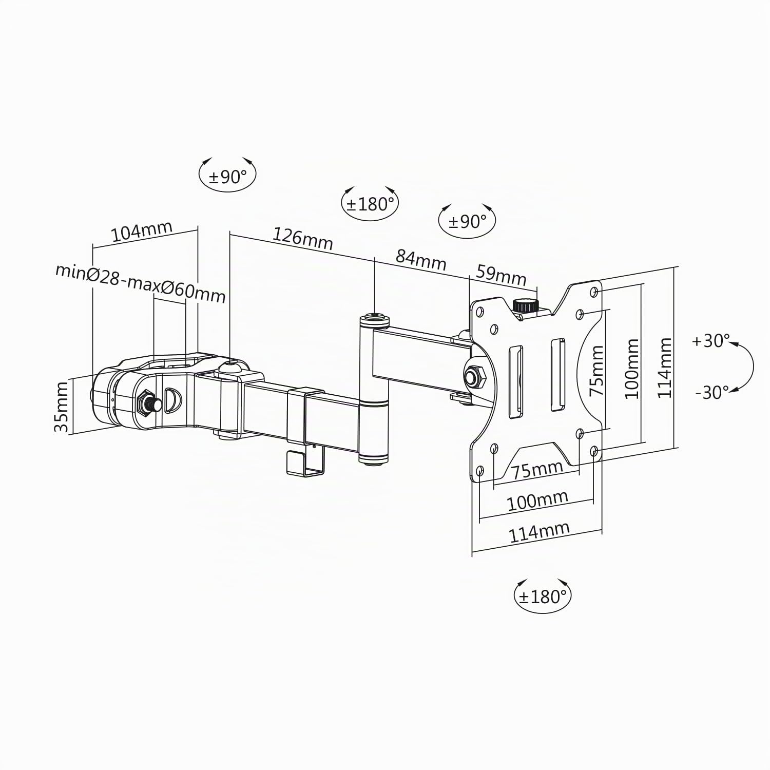 Portamonitor con doppio braccio snodato, Supporto per monitor da 17-32' fino a 8 kg, diametro del palo/tubo da 28 a 60 mm, braccio per monitor