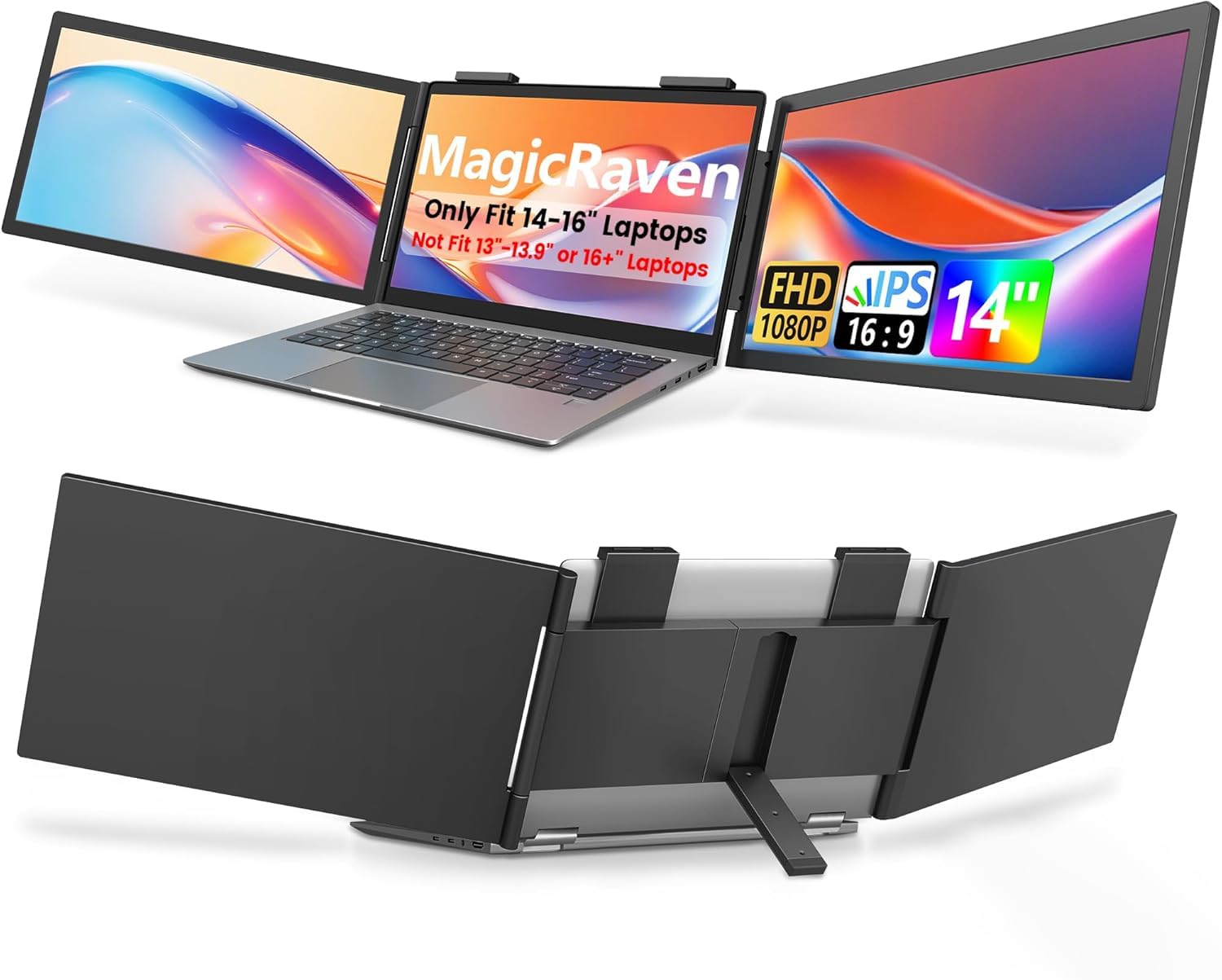 MAGICRAVEN Laptop Screen Extender - 14 Inch Triple Portable Monitor IPS FHD 1080P 3-Type-C External Screen with Windows Mac Laptop Monitor Extender for Laptops Compatible, Fits 14"-16" Laptops
