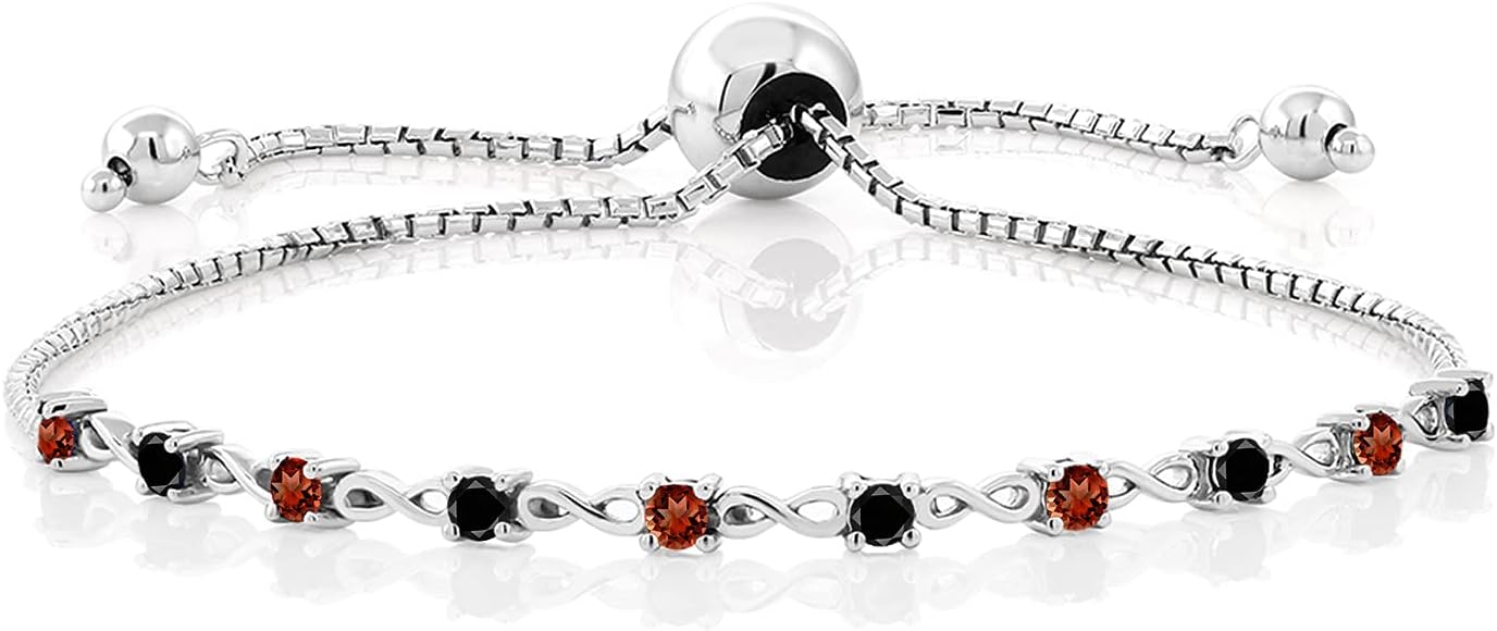 Gem Stone King 925 Sterling Silver Gemstone Birthstone and Black Diamond Infinity Tennis Bracelet For Women | Round 2.5MM | Adjustable Bolo Bracelet Up to 9 Inch | Easy-On Easy-Off