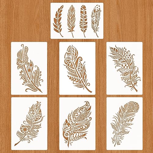 JSRQT Lot de 7 pochoirs réutilisables en forme de plume de mandala pour peindre les murs de meubles en plastique