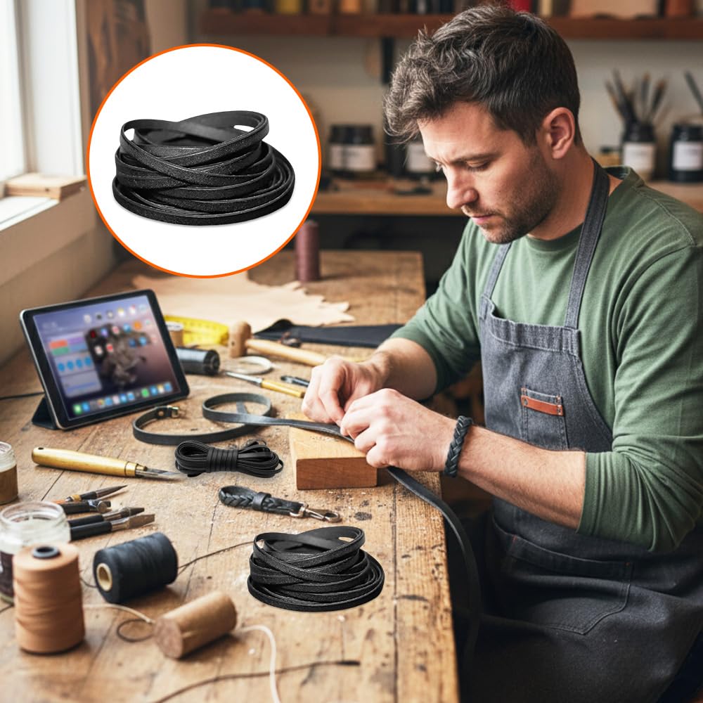 Cordino Cuoio Piatto 5 MM X 5 M,Fettuccia Cuoio Piatta,Striscia di Cuoio per Cinture,Lacci in Pelle per Borse,Cordoncino per Collane Fai Da Te per Correa, Artigianato, Braccialetti - Negro