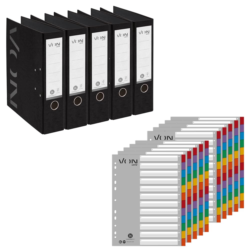 VON Leitz Set Ordner mit Register, 5er Pack Ordner A4, 100% Recyclingkarton, 80 mm Rückenbreite, Für 600 Blatt, Schwarz, 10570095 & 10er Pack 12-teiliges Register A4, 13010000