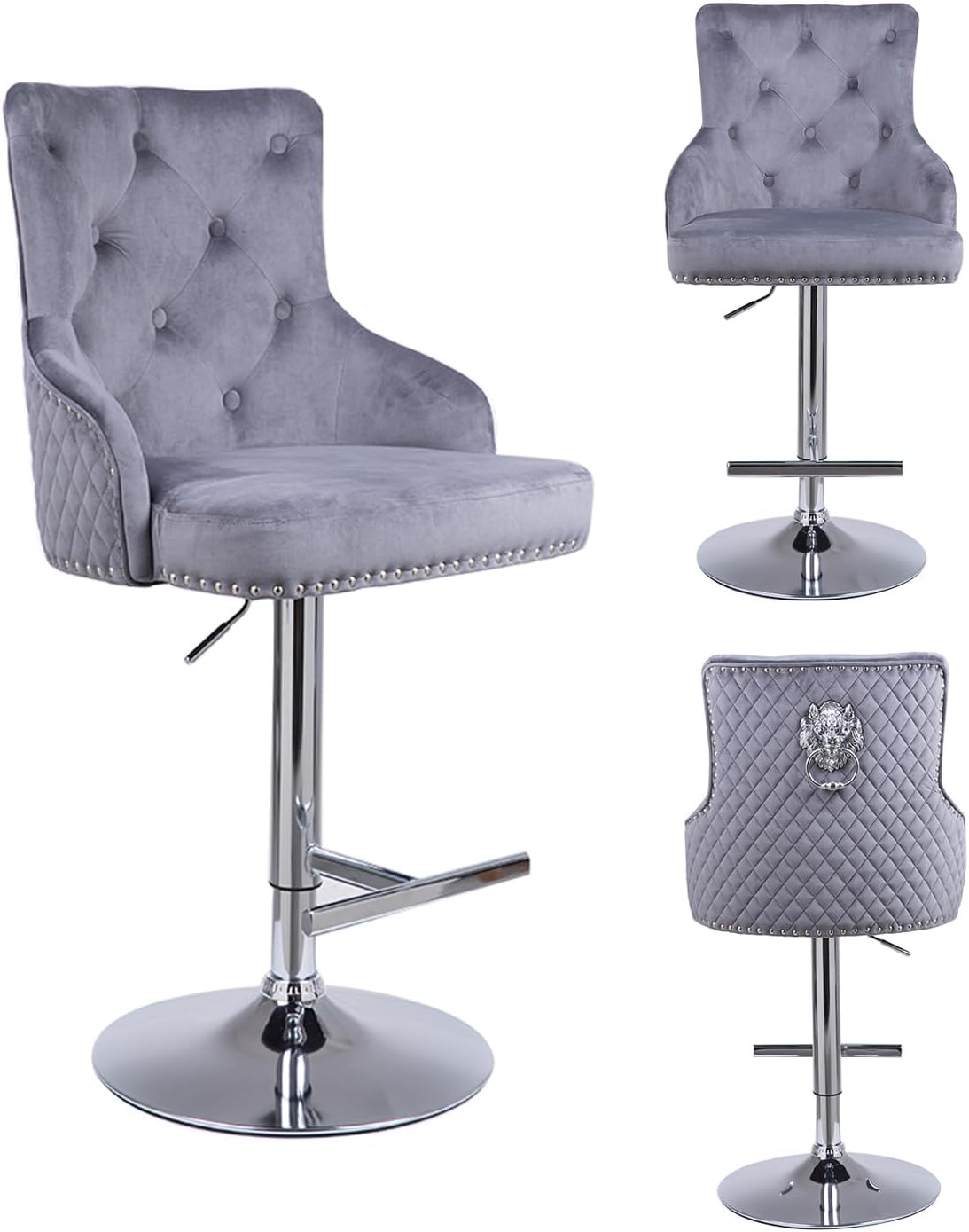 PS Global Ella Bar Stool Luxury Velvet With Lion Knocker Back Rest