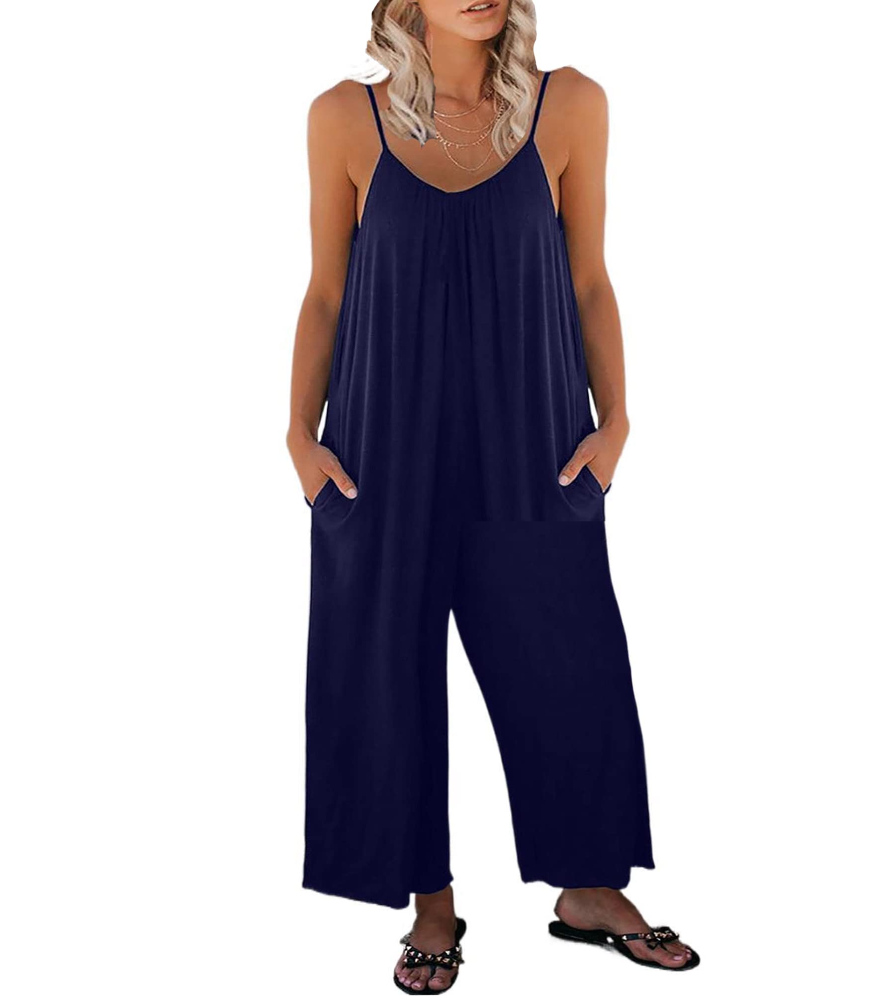 Jengo Women's Loose Sleeveless Jumpsuits Spaghetti Strap Stretchy Long Pant Romper Jumpsuit with Pockets Baggy Playsuit Romper