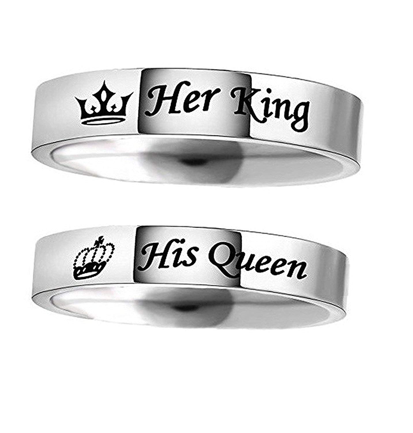 Moneekar Jewels 2PCS Her King His Queen Silver Ring Titanium Stainless Steel Wedding Band Set Couples Anniversary Engagement Promise Ring