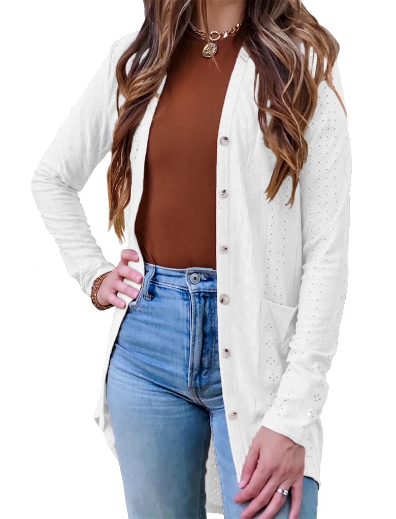 Naggoo Women's Cardigans Lightweight Long Sleeve Button Down High Low Eyelet Knit Loose Cardigans with Pockets