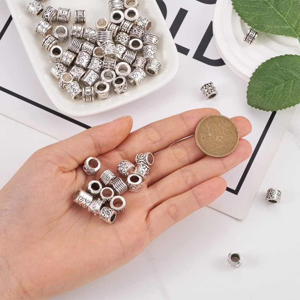Cheriswelry 100Pcs Alloy Large Hole Spacer Beads Tibetan Column Beads Antique Silver European Beads Metal Spacers 8-10mm for Hair Crafts DIY Snake Chain Bracelet Jewelry Making Supplies - Image 6