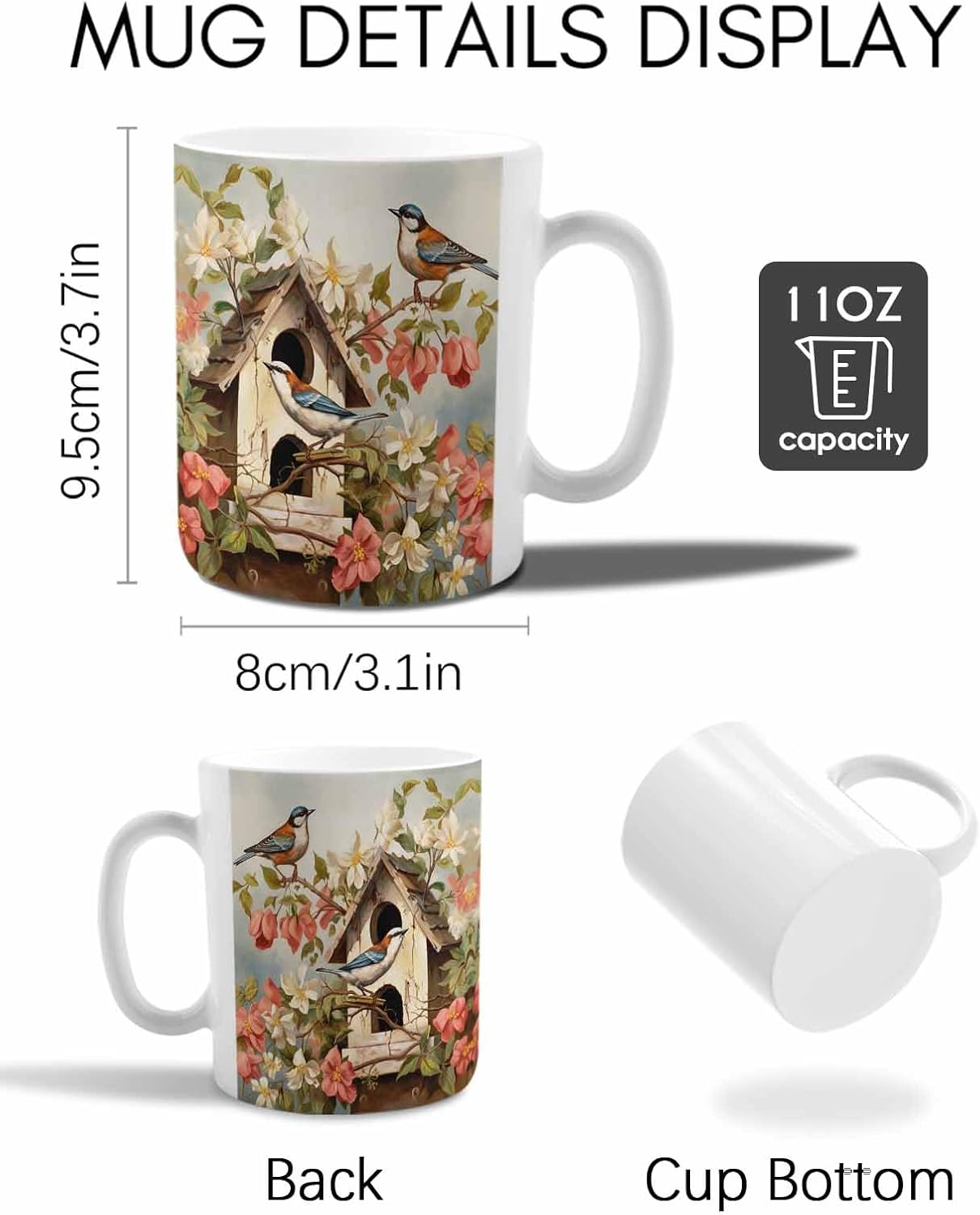 BEMIGO Ceramic Coffee Mug Spring Flowers Birds Birdhouse Ceramic Mug White Cup, Watercolor Florals Insulated Coffee Cup with Handle with Pattern Perfect for Tea and Hot Beverages, 12oz