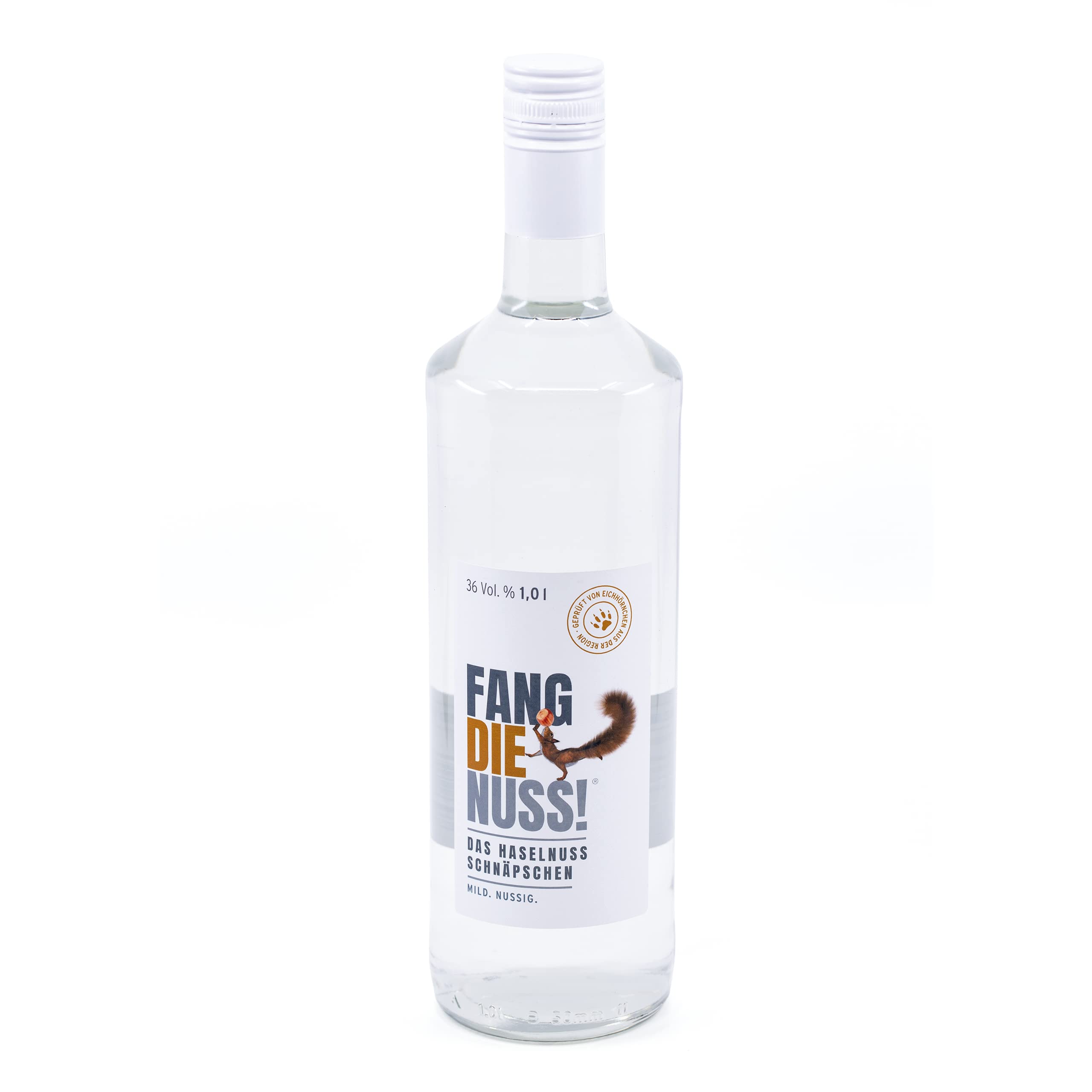 Fang die Nuss! | Haselnuss Schnaps 1,0l | Mild. Nussig. | 36% Alkohol Vol. | 1 Liter Gastro-Flasche