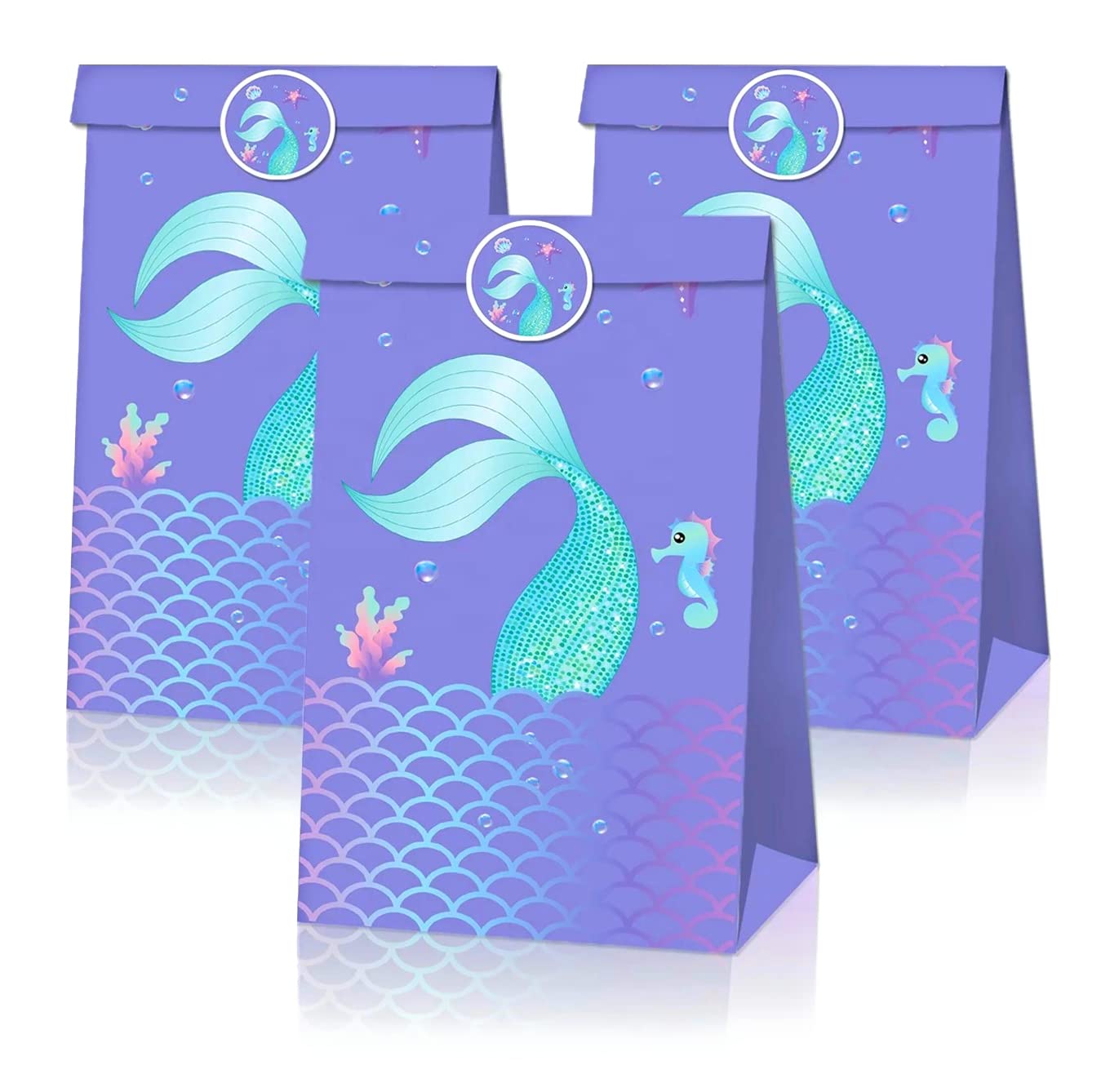 Mermaid Party Bags, 12 Bags and 12 Stickers, Mermaid Party Theme Loot Bags, Mermaid Party Guest Party Bags