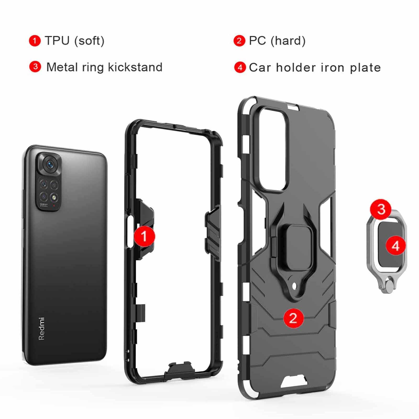GOKEN Cover Per Redmi Note 11 / 11S: Custodia Ibrida Antiurto Con Anello Magnetico 360° E Supporto Auto (Nero) - 4