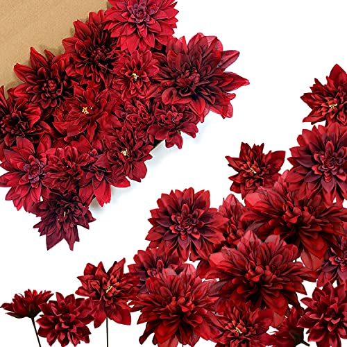 OrgMemory Fleurs artificielles, faux dahlias avec tiges, fausses fleurs décoratives, fausses fleurs combo, bricolage mariage bouquets de mariage, décoration de la maison (bourgogne dahlias) Cover
