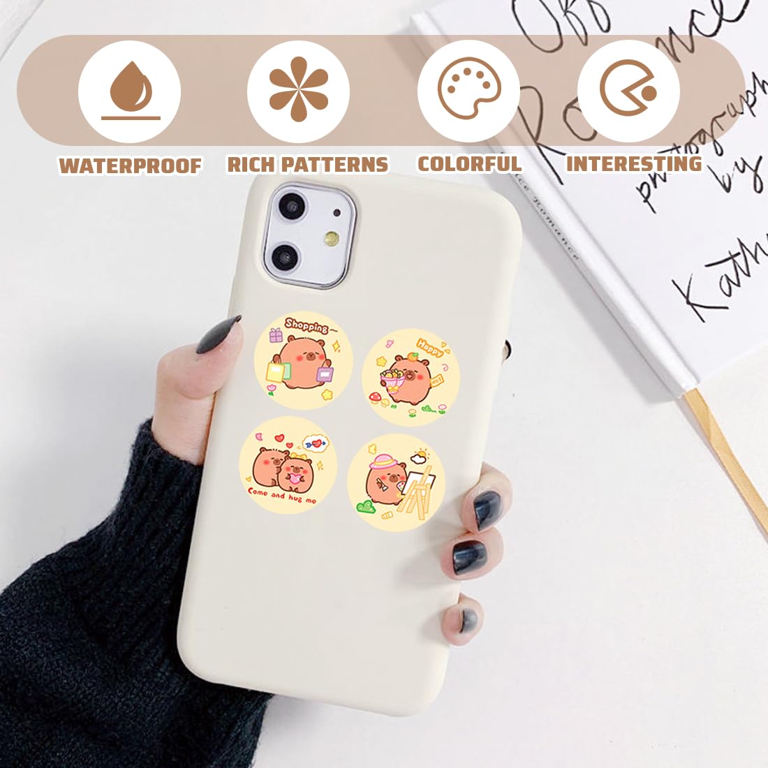2 rotolo di 600 Capybara sticker, Capybara adesivi divertenti a forma, impermeabili, per amanti dei DIY bottiglia d'acqua album di ritagli telefono, un regalo per gli amanti dei manuali (C)