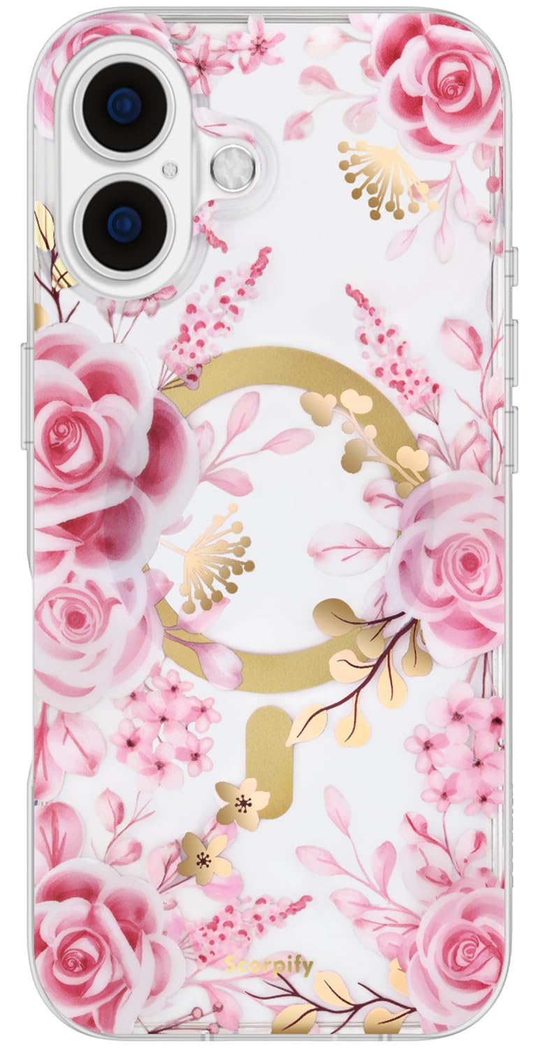 SCORPIFY for iPhone 17 Case [Compatible with MagSafe] with Pastel Pink Rose Floral Design, Cute Clear Flower Magnetic Phone Cover for Women Girls, Slim Shockproof Bumper with Gold Accents
