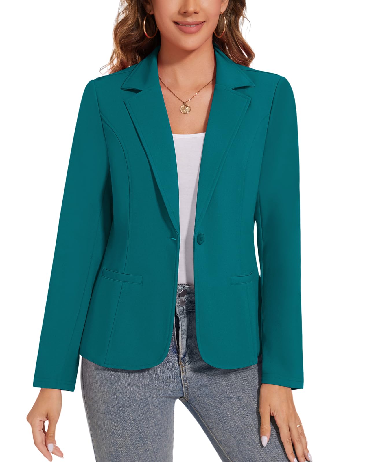 Womens Button Front Blazer Jackets Long Sleeve Lapel Business Casual Office Work Lightweight Blazers with Pocket