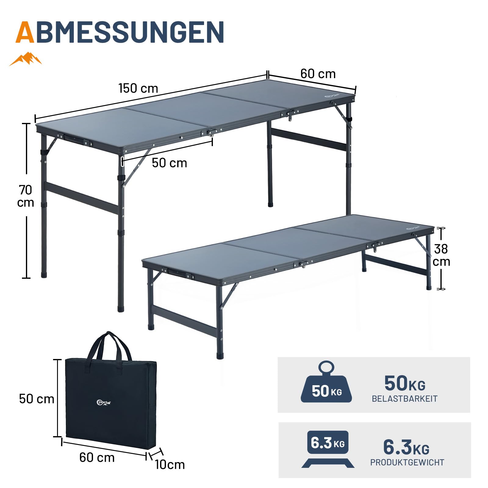 Portal Faltbarer Campingtisch 150x60cm Höhenverstellbar Robuster Klapptisch mit Tragegriff & Ablagenetz Platzsparender 3-Fach Falttisch inkl. Tasche Ideal für Garten, Party, BBQ & Outdoor