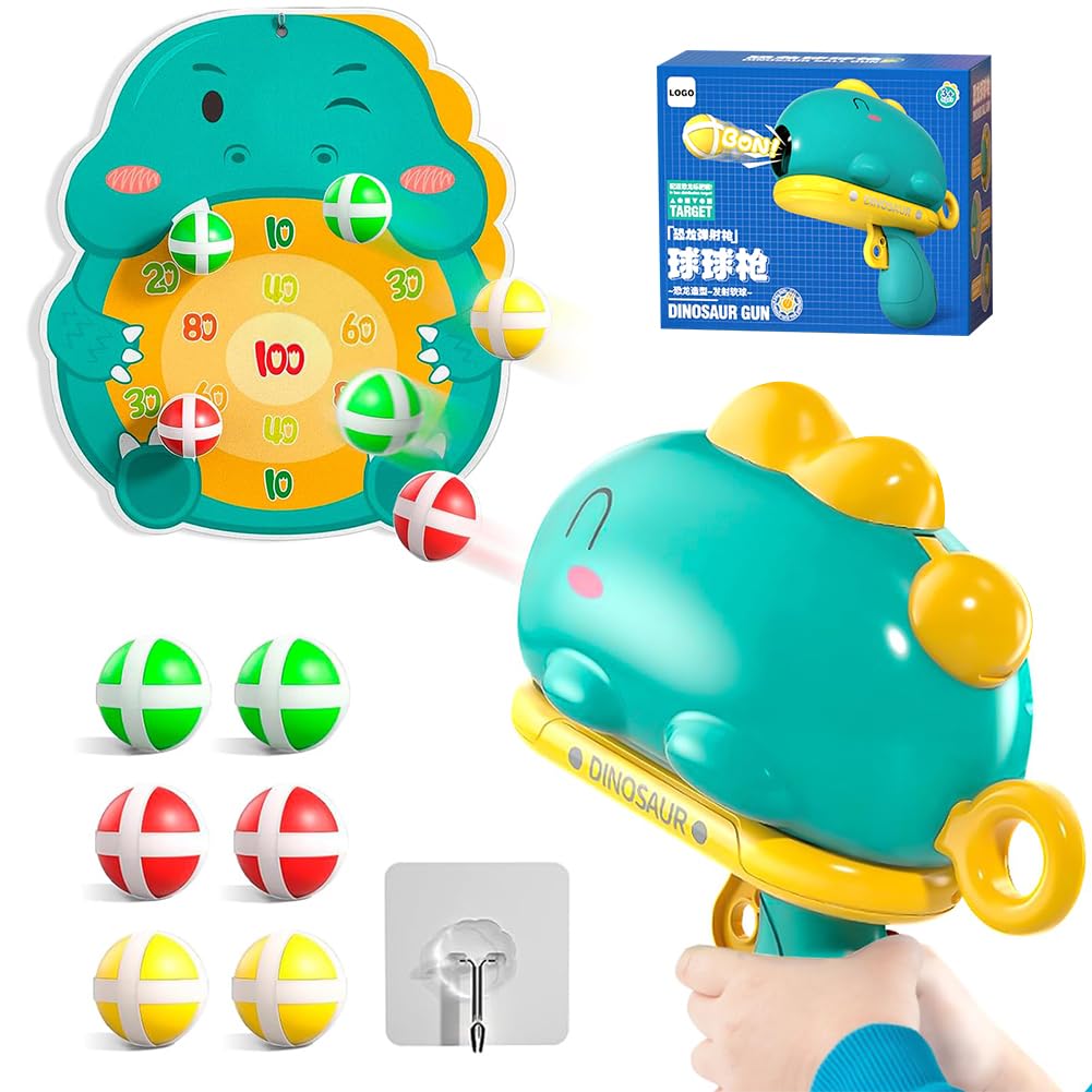 Dinosaur Shooting Game Toy, Dinosaur Darts Game Balls with Dart Board 12 Sticky Balls Blaster Gun Shooting Games Sticky Ball Shootings Games Toy Sticky Ball Launcher for Carnival, Birthday Animal Set