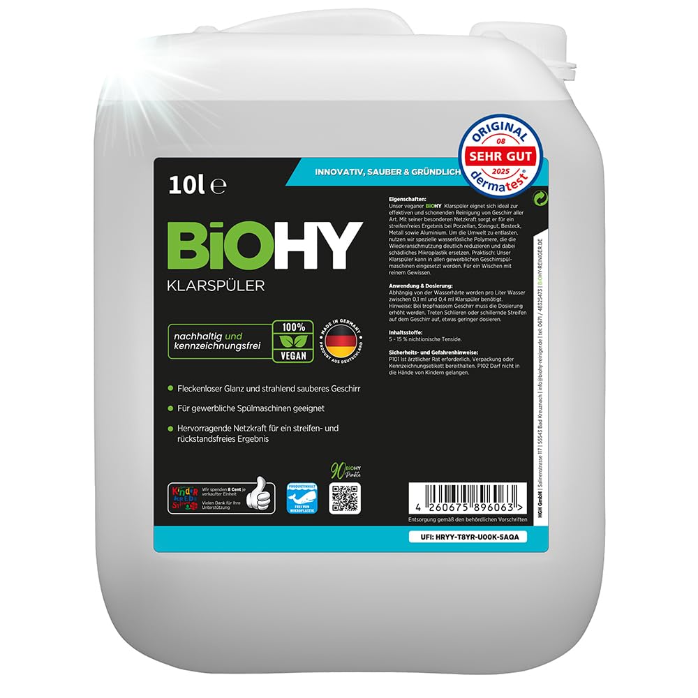 BiOHY Abrillantador (Bidón de 10 litros) | Apto para todos los lavavajillas | para un brillo inmejorable en los vasos y platos sin manchas de agua (Klarspüler)