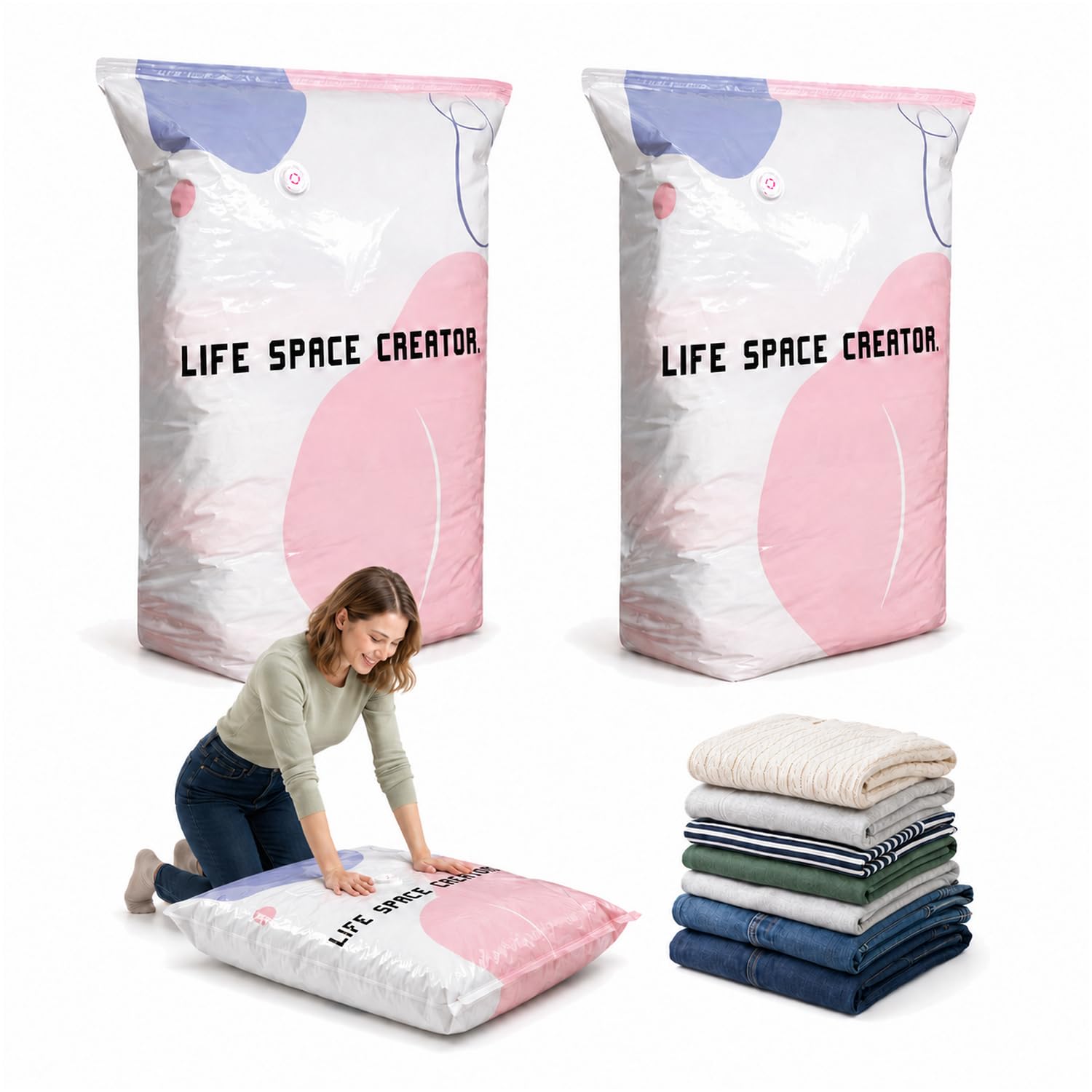 Viilich 2Pcs No-Pump Vacuum Storage Bags, Large Cube Vacuum Seal Bags for Clothes, Duvets, Pillows & Blankets, No Pump Needed Space Saver Bags for Dust Moisture Proof Home Wardrobe Travel Moving-L