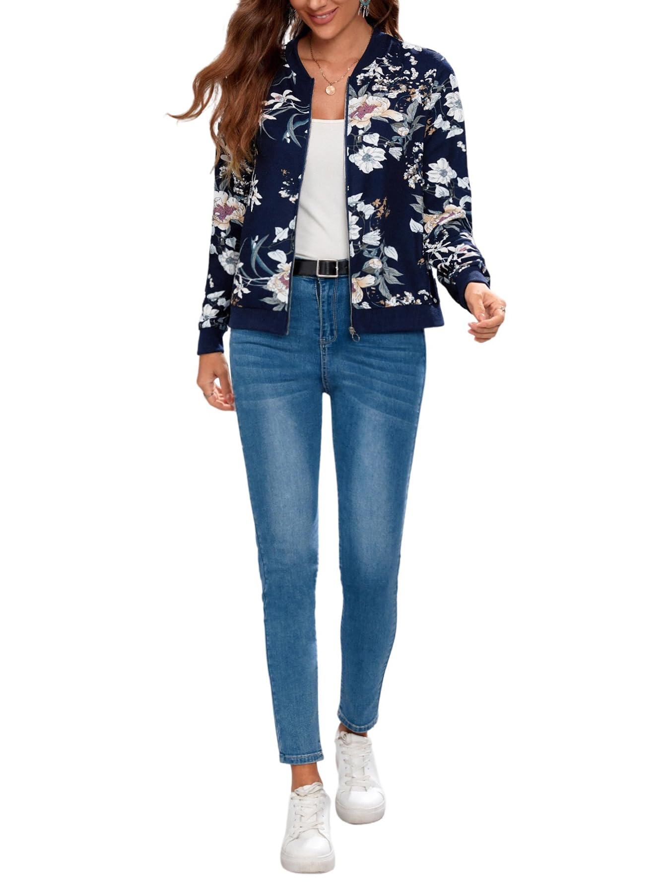 GORGLITTER Chaqueta elegante para mujer, chaqueta bomber de manga larga, con estampado de flores, cuello redondo, chaqueta informal con cremallera