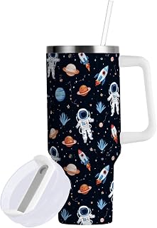 Boccsty Astronaut Rocket Spaceship Planet Insulated Tumblers Reusable Stainless Steel Tumbler 30 oz Cup Coffee Travel Mug Water Bottle with Handle & Flip Straw for Home Office Car