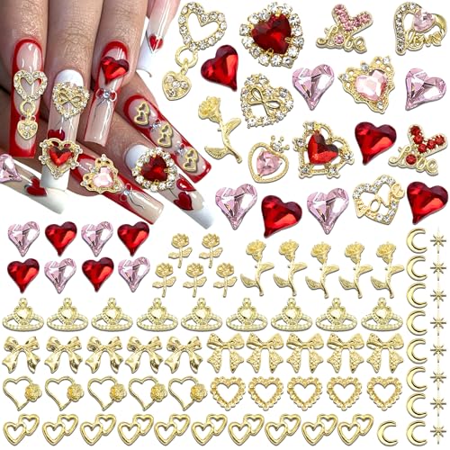 Image of RODAKY 100PCS Red Pink Heart Nail Charms Gems 3D Gold Bow Rose Planet Charms Nails Art Rhinestone DIY Manicure Jewelry for Valentine