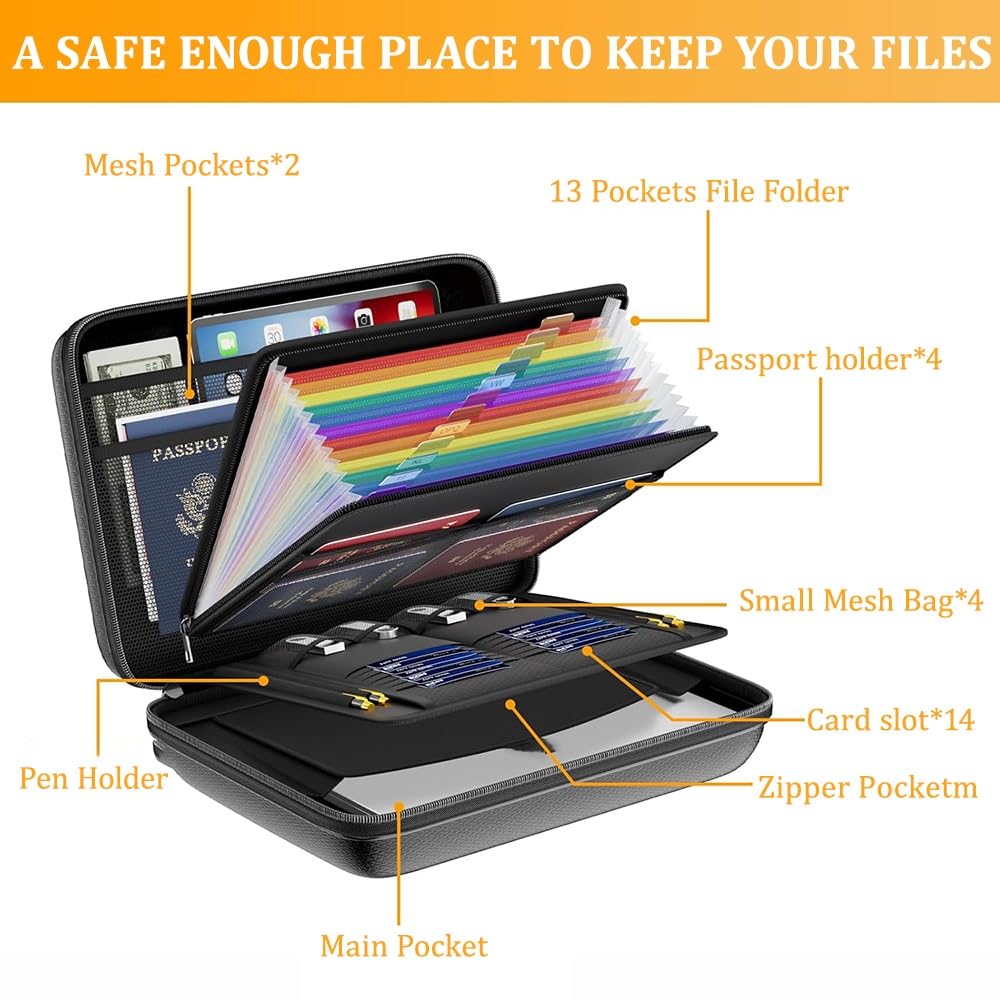 Organizer per documenti ignifugo con serratura, impermeabile, formato A4, con 13 tasche espandibili, sistema di archiviazione portatile per banconote, ricevute e certificati